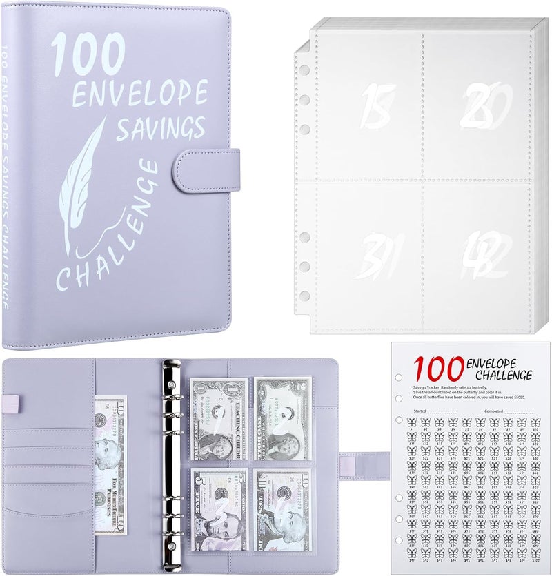 MUQING 100 Envelopes Money Saving Challenge Binder, Inside Sheets Silkscreen, Reusable Tracker, Money Saving $5050 Binder (Purple) - Image 1